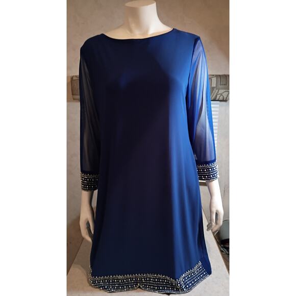 Tiana B Embellished Cobalt Blue Shift Dress XL Made USA Beaded Hem Classic Chic - Picture 1 of 11